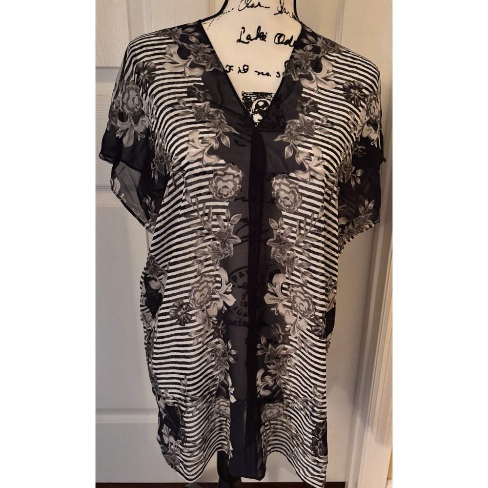 Cabi Medium Sheer Yacht Top Tunic Cover Up Floral Stripe Navy Blue Blouse New